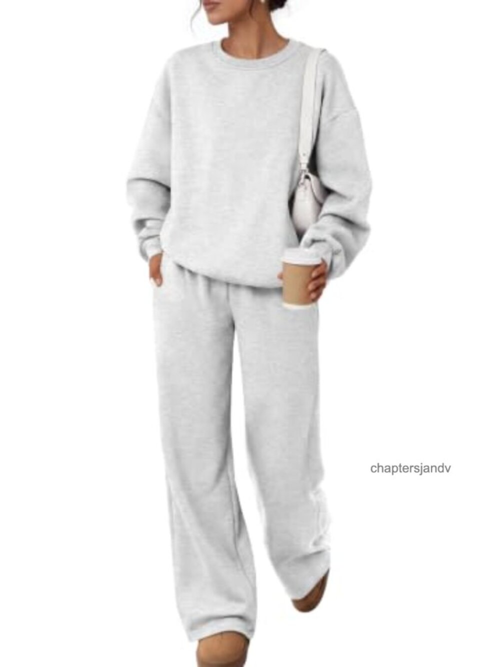 Women's 2 Piece Cotton Fleece Sweatsuit Crewneck Wide Leg Lounge Set
